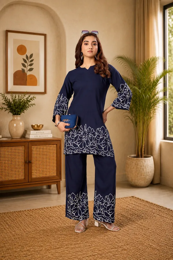 Women_Floral_Embrodery_Print_Neavy_Blue_Kurta_Palazzo_Co-Ord_Set_|_Stylish_Ethnic_Lounge_Wear_Outfit