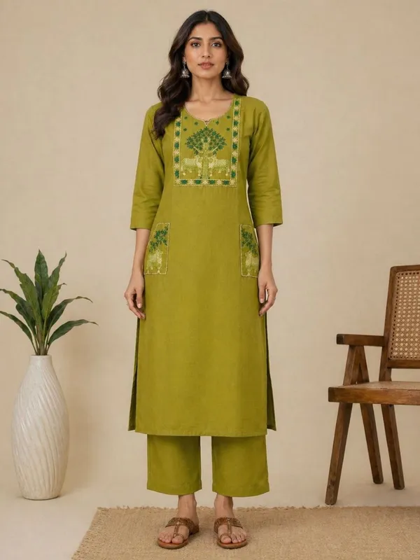 Elegant_Olive_Green_Cotton_Blend_Embroidered_Kurta_Pant_Set_for_Women