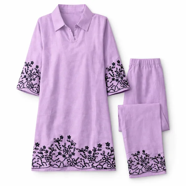 Aadyapi_Women�s_Lavender_Embroidered_Kurta_Pant_Set