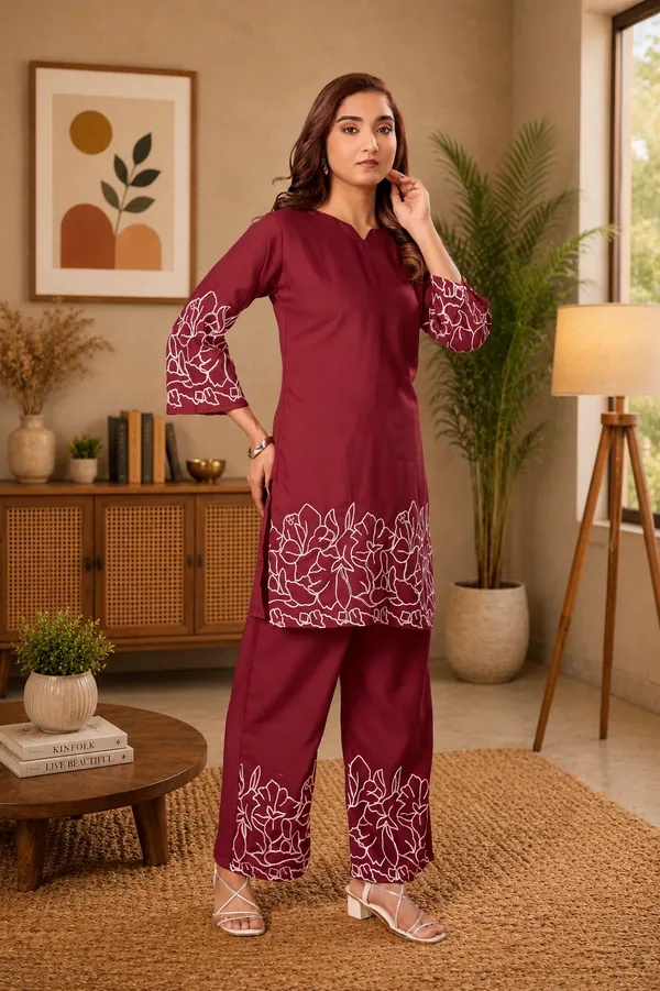 Women_Floral_Embrodery_Print_Maroon_Kurta_Palazzo_Co-Ord_Set_|_Stylish_Ethnic_Lounge_Wear_Outfit