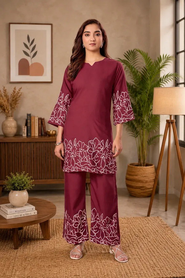 Women_Floral_Embrodery_Print_Maroon_Kurta_Palazzo_Co-Ord_Set_|_Stylish_Ethnic_Lounge_Wear_Outfit