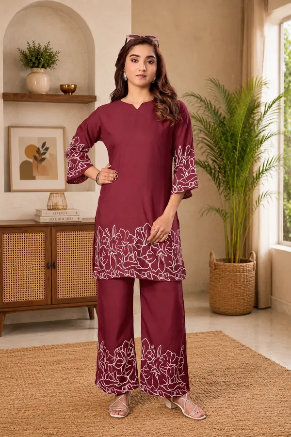 Women_Floral_Embrodery_Print_Maroon_Kurta_Palazzo_Co-Ord_Set_|_Stylish_Ethnic_Lounge_Wear_Outfit