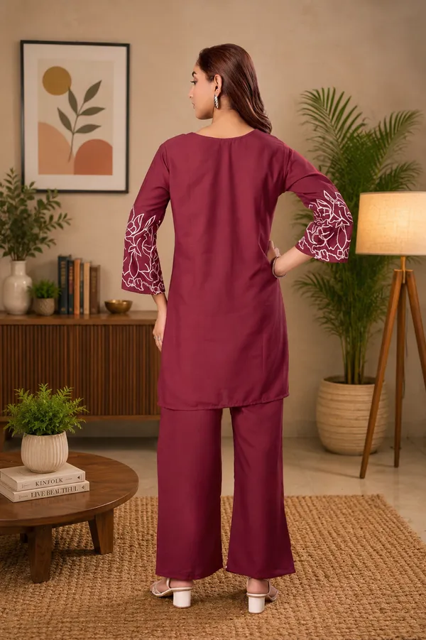 Women_Floral_Embrodery_Print_Maroon_Kurta_Palazzo_Co-Ord_Set_|_Stylish_Ethnic_Lounge_Wear_Outfit
