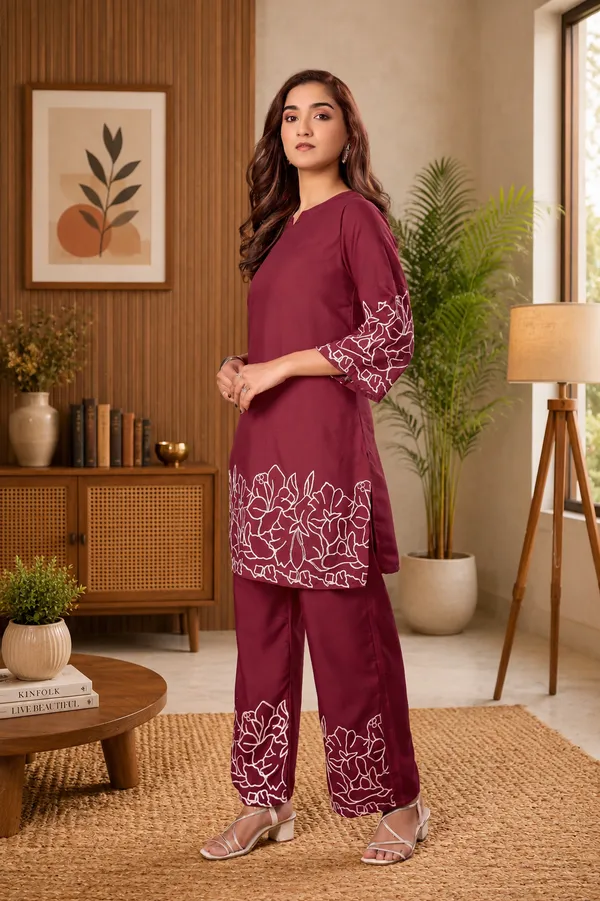 Women_Floral_Embrodery_Print_Maroon_Kurta_Palazzo_Co-Ord_Set_|_Stylish_Ethnic_Lounge_Wear_Outfit