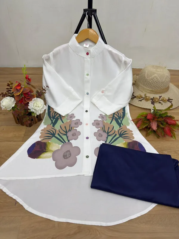 White_&_Blue_Stylish_Floral_Printed_Poly_Rayon_Co-Ord_Set_For_Women