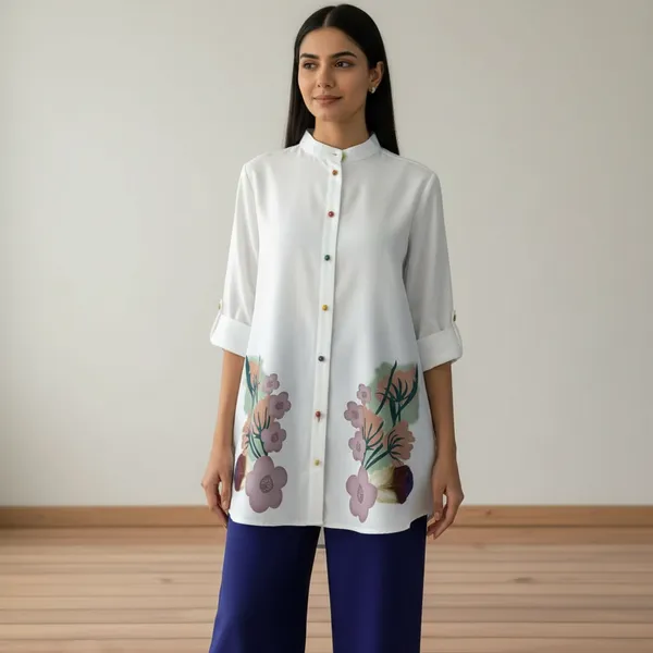 White_&_Blue_Stylish_Floral_Printed_Poly_Rayon_Co-Ord_Set_For_Women