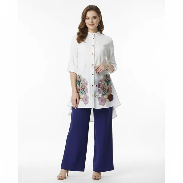 White_&_Blue_Stylish_Floral_Printed_Poly_Rayon_Co-Ord_Set_For_Women