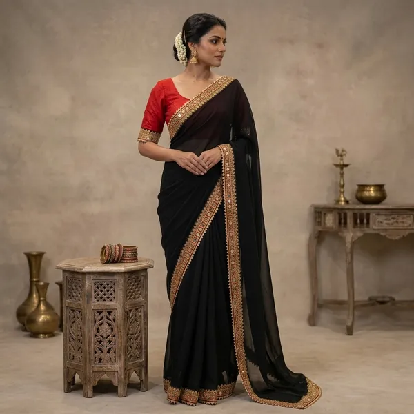 Mirror_Fancy_Lace_Saree_Solid/Plain_Bollywood_Georgette_Saree_(Multicolor)