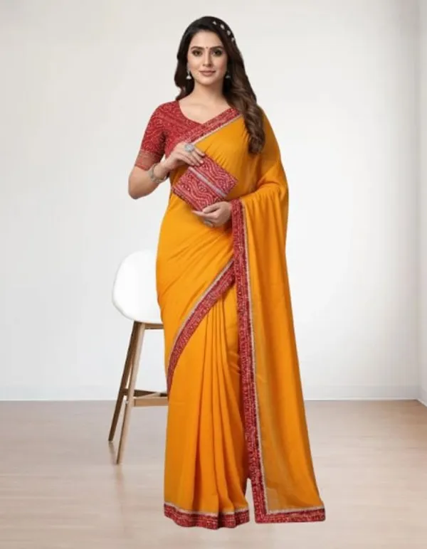 Shree_Shubh_Creation_Self_Design,_Woven,_Solid/Plain_Bandhani_Silk_Blend_Saree_(Mustard)