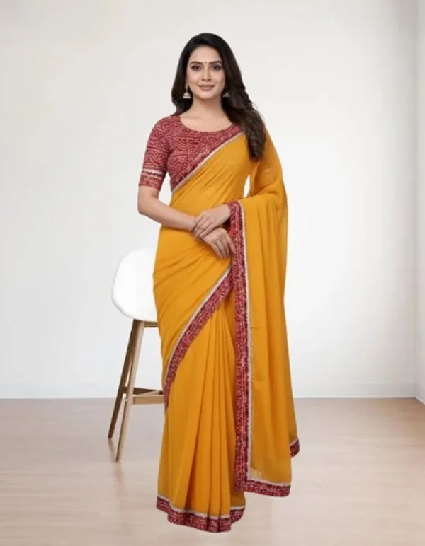 Shree_Shubh_Creation_Self_Design,_Woven,_Solid/Plain_Bandhani_Silk_Blend_Saree_(Mustard)