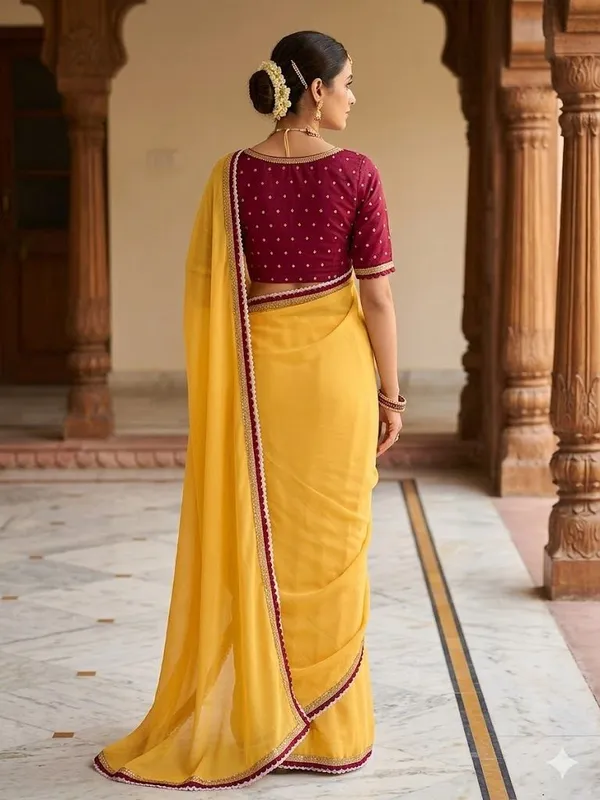 Shree_Shubh_Creation_Self_Design,_Embellished_Daily_Wear_Georgette_Saree_(Yellow)
