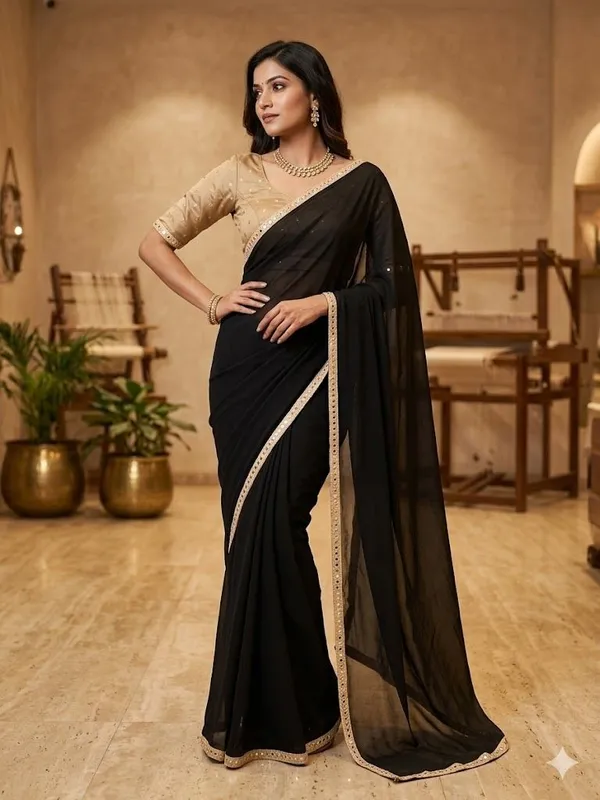 Shree_Shubh_Creation_Self_Design,_Embellished_Daily_Wear_Georgette_Saree_(Black)