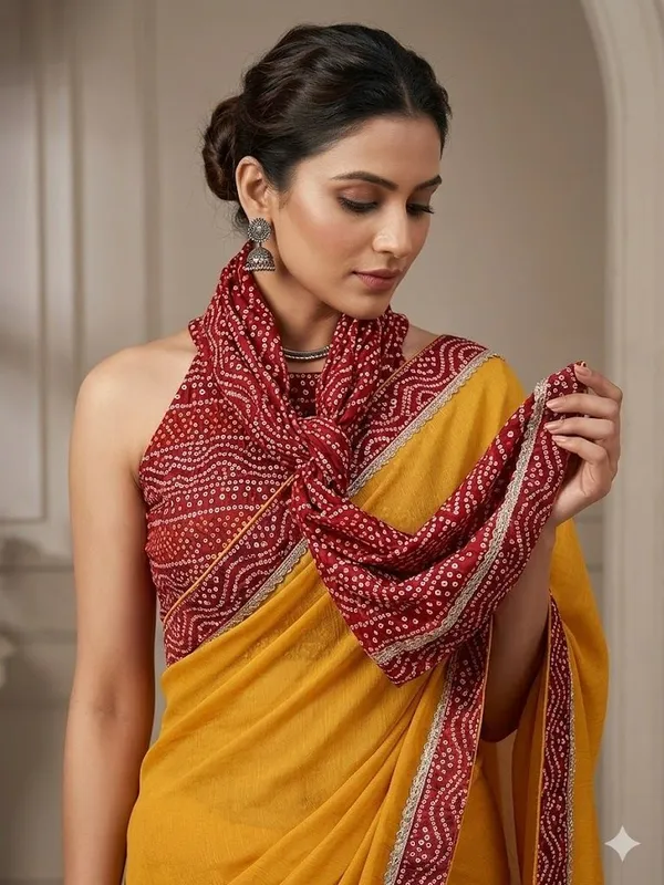 Shree_Shubh_Creation_Self_Design,_Embellished_Bandhani_Georgette_Saree_(Mustard)
