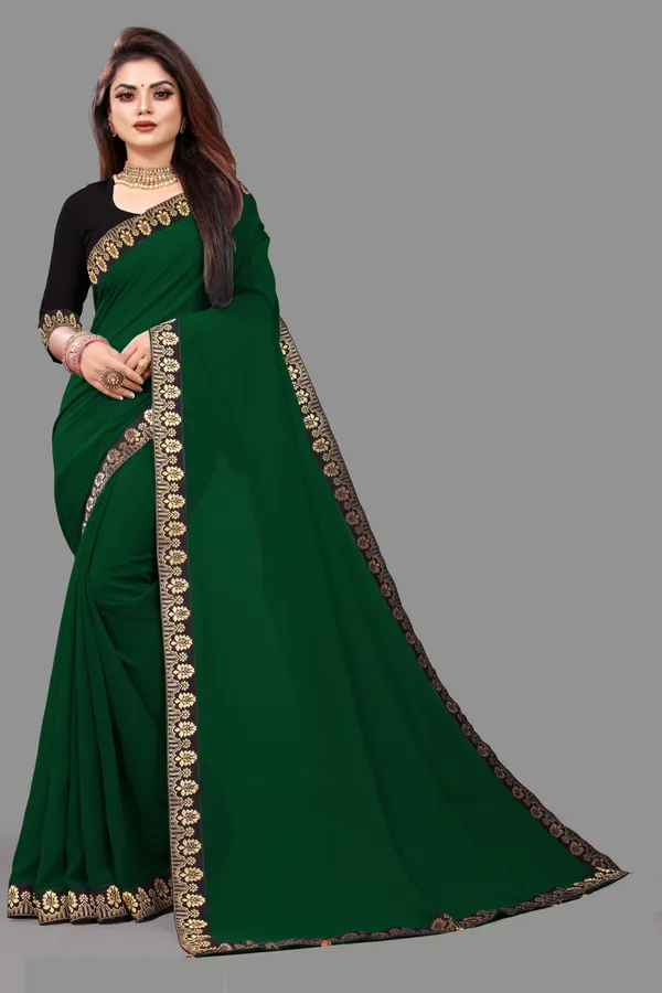 Shree_Shubh_Creation_Solid/Plain_Daily_Wear_Georgette_Saree_(Dark_Green)