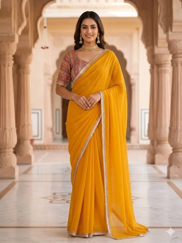 Shree_Shubh_Creation_Solid/Plain_Daily_Wear_Chiffon_Saree_(Mustard)