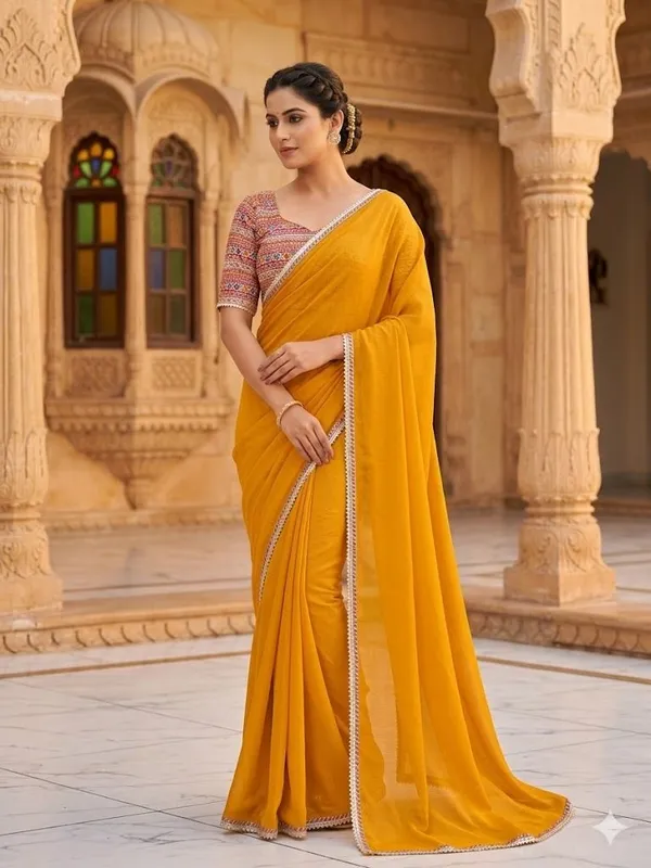 Shree_Shubh_Creation_Solid/Plain_Daily_Wear_Chiffon_Saree_(Mustard)