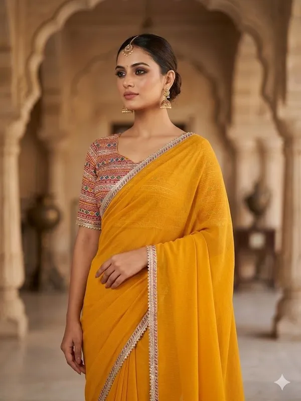 Shree_Shubh_Creation_Solid/Plain_Daily_Wear_Chiffon_Saree_(Mustard)