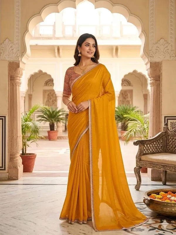 Shree_Shubh_Creation_Solid/Plain_Daily_Wear_Chiffon_Saree_(Mustard)