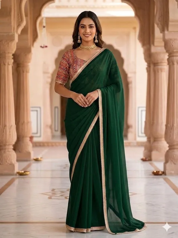 Shree_Shubh_Creation_Solid/Plain_Daily_Wear_Chiffon_Saree_(Dark_Green)