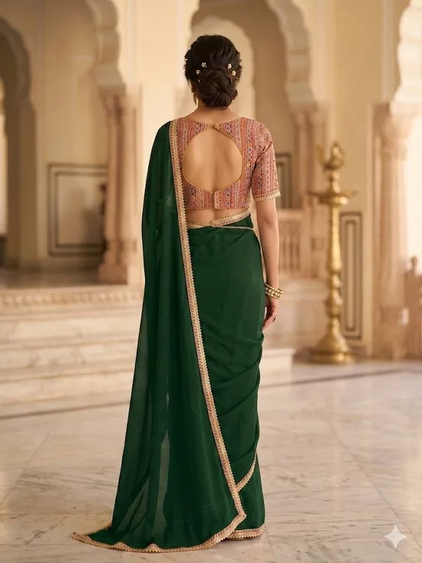 Shree_Shubh_Creation_Solid/Plain_Daily_Wear_Chiffon_Saree_(Dark_Green)