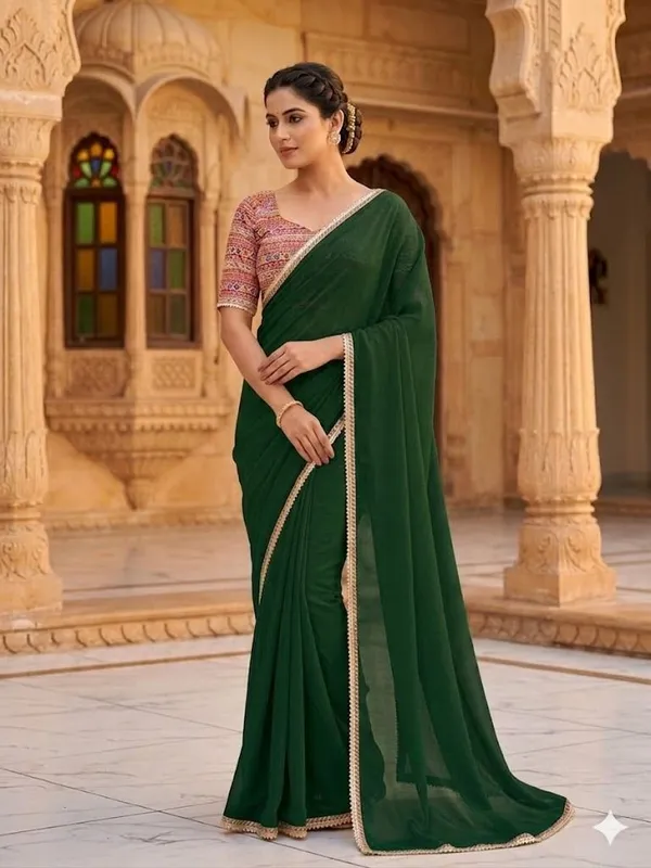Shree_Shubh_Creation_Solid/Plain_Daily_Wear_Chiffon_Saree_(Dark_Green)