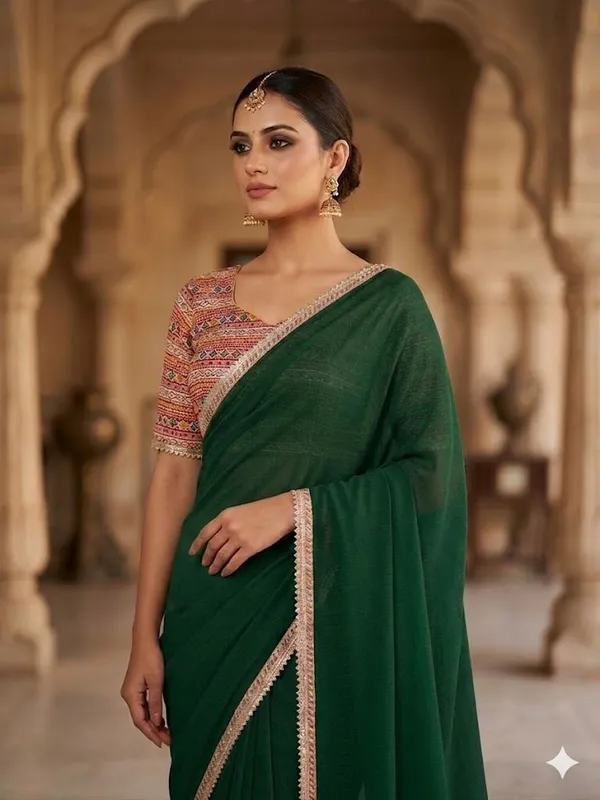 Shree_Shubh_Creation_Solid/Plain_Daily_Wear_Chiffon_Saree_(Dark_Green)