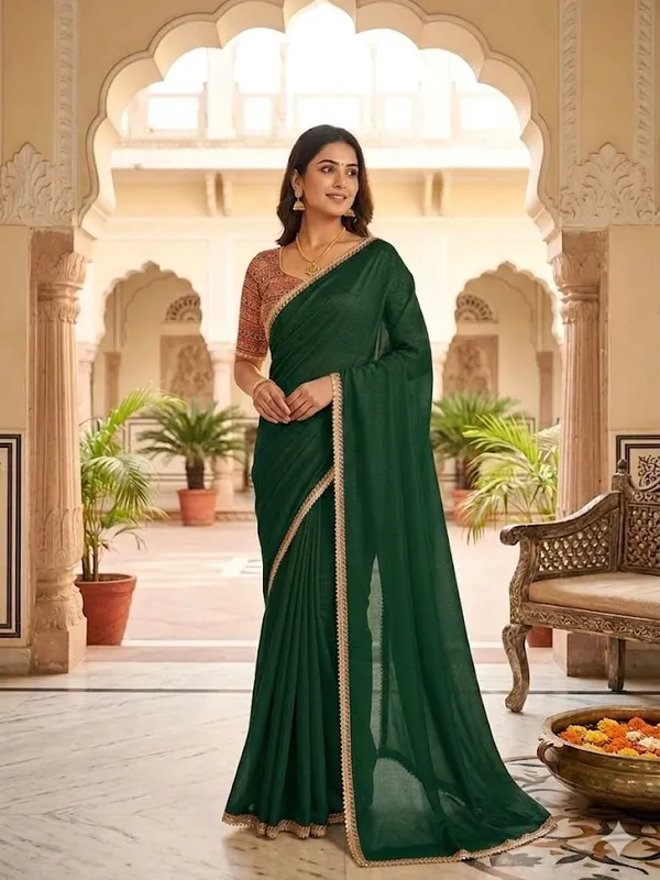 Shree_Shubh_Creation_Solid/Plain_Daily_Wear_Chiffon_Saree_(Dark_Green)