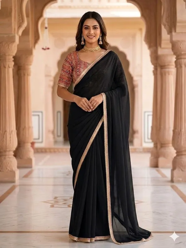 Shree_Shubh_Creation_Solid/Plain_Daily_Wear_Chiffon_Saree_(Black)