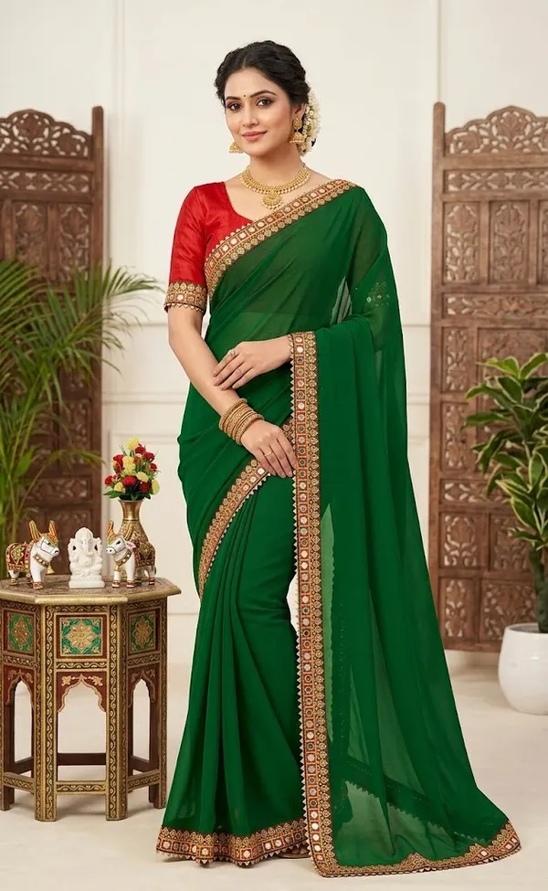 Mirror_Fancy_Lace_Saree_Solid/Plain_Bollywood_Georgette_Saree_(Multicolor)