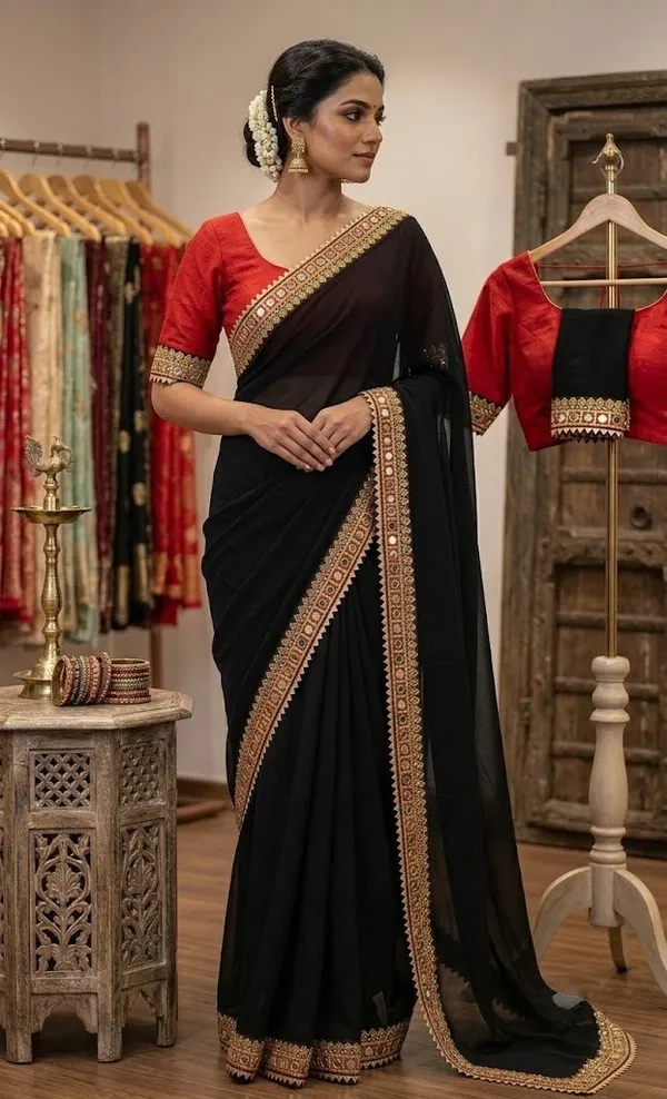Mirror_Fancy_Lace_Saree_Solid/Plain_Bollywood_Georgette_Saree_(Multicolor)