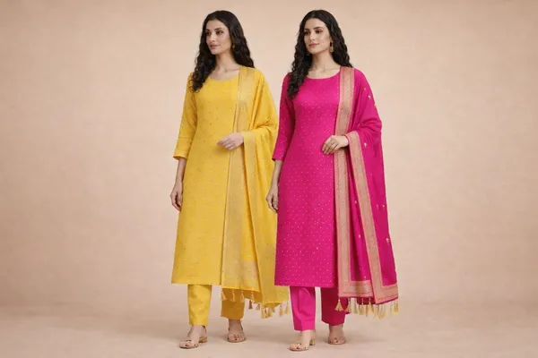 Yellow_And_Pink_Heavy_Dola_Silk_Unstitched_3_Piece_Suit_For_Women