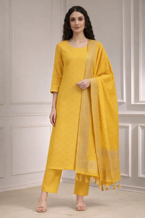 Yellow_And_Pink_Heavy_Dola_Silk_Unstitched_3_Piece_Suit_For_Women