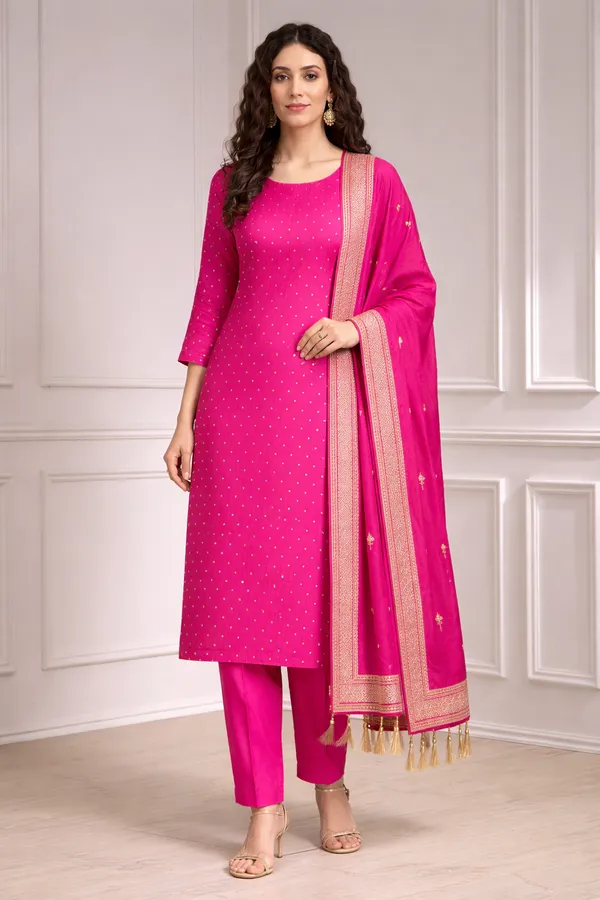 Yellow_And_Pink_Heavy_Dola_Silk_Unstitched_3_Piece_Suit_For_Women