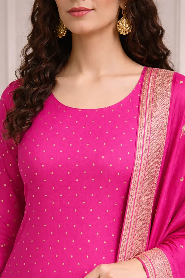 Yellow_And_Pink_Heavy_Dola_Silk_Unstitched_3_Piece_Suit_For_Women