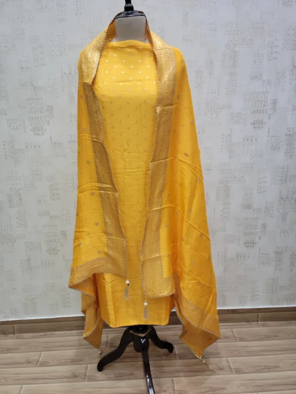 Yellow_Heavy_Dola_Silk_Unstitched_3_Piece_Suit_For_Women