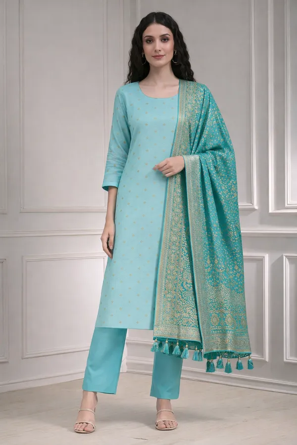 Blue_Heavy_Dola_Silk_Unstitched_3_Piece_Suit_For_Women
