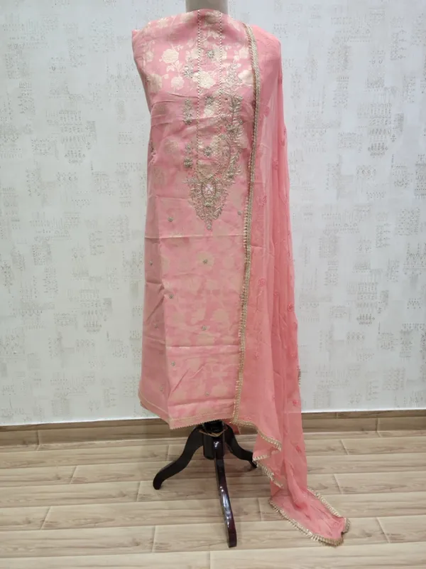 Peach_Premium_Chanderi_Banarasi_Sequin_Unstitched_3_Piece_Suit_For_Women
