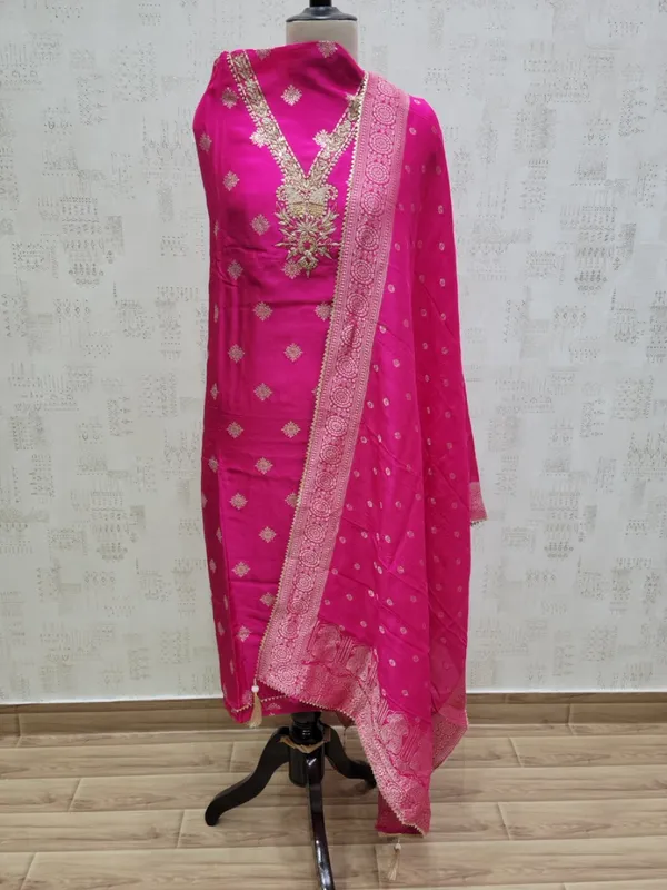 Pink_Heavy_Dola_Silk_Unstitched_3_Piece_Suit_For_Women