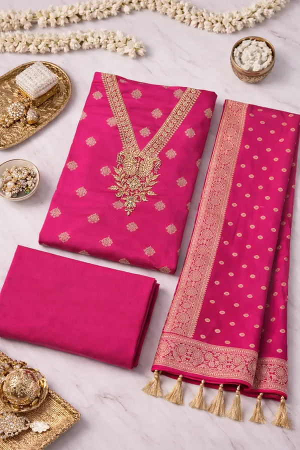 Pink_Heavy_Dola_Silk_Unstitched_3_Piece_Suit_For_Women