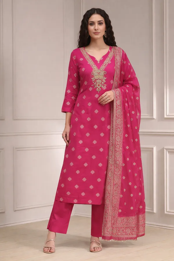Pink_Heavy_Dola_Silk_Unstitched_3_Piece_Suit_For_Women