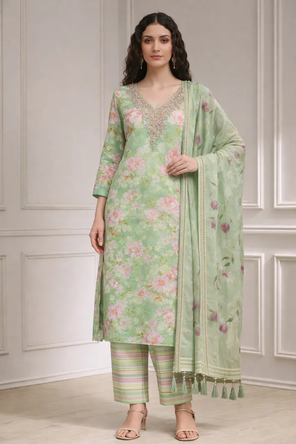 Green_Premium_Cotton_V_Neck_Brush_Unstitched_3_Piece_Suit_For_Women