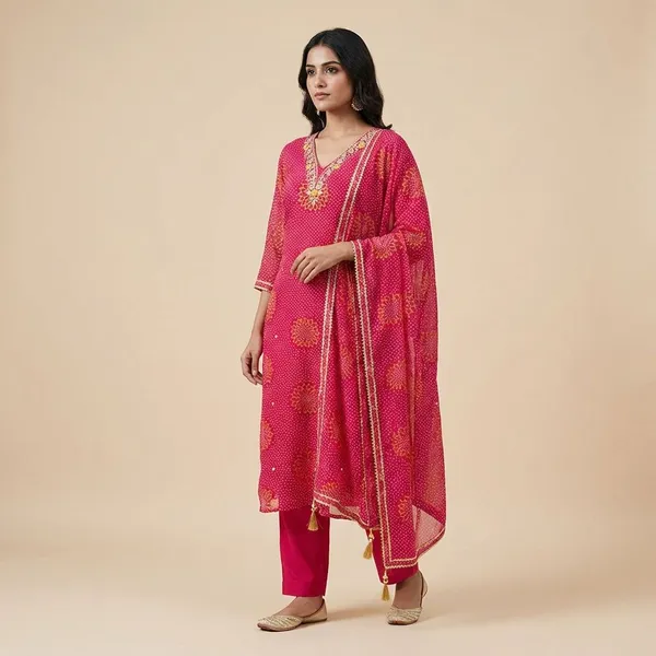 Pink_Mothda_Light_V_Neck_Bandhej_Unstitched_3_Piece_Suit_For_Women