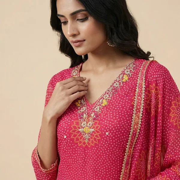 Pink_Mothda_Light_V_Neck_Bandhej_Unstitched_3_Piece_Suit_For_Women