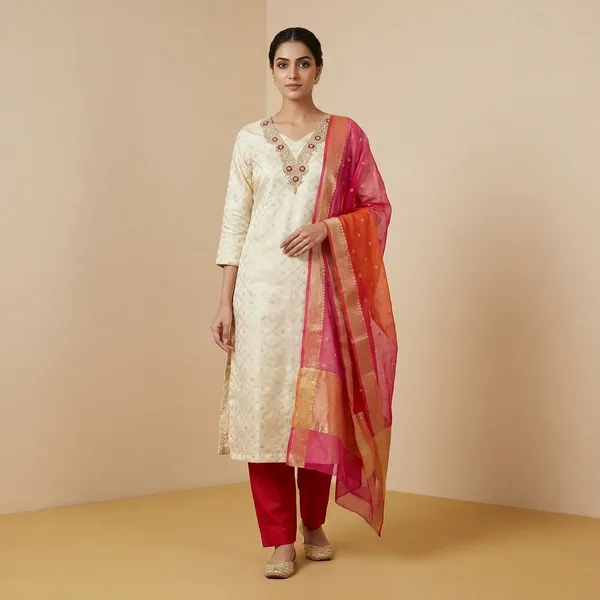 Cream_Premium_Tissue_Silk_V_Neck_Unstitched_3_Piece_Suit_For_Women