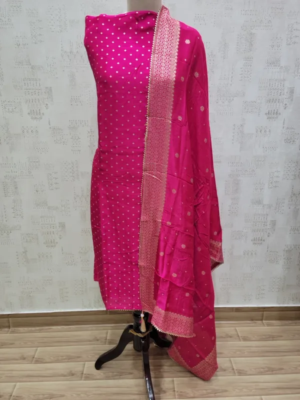 Pink_Heavy_Dola_Silk_Unstitched_3_Piece_Suit_For_Women
