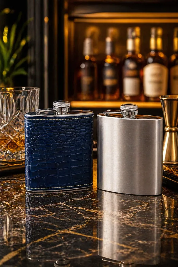 Midnight_Croc_Leather_&_Brushed_Stainless_Steel_Hip_Flask_Gift_Set_(210ml)