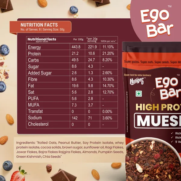 Hunger0_Ego_Bar_High_Protein_Muesli+_300G_|_Rich_In_Fibre_&_5_Whole_Grain_Raisins_(1_X_300_G)