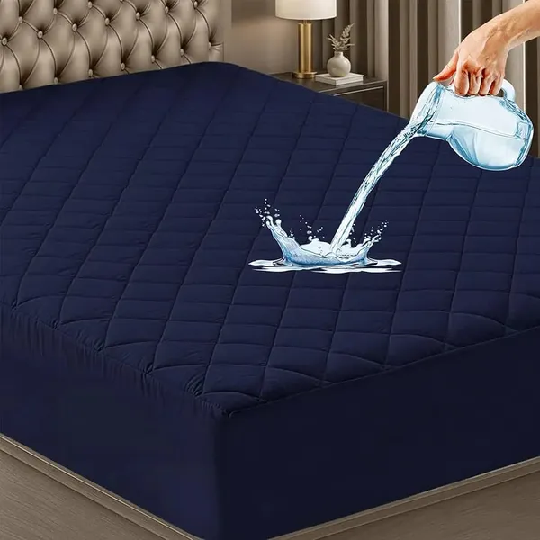 360_Degree_Cotton_And_Lycra_Waterproof_Quilted_Navy_Blue_Mattress_Protector