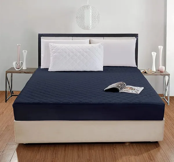 360_Degree_Cotton_And_Lycra_Waterproof_Quilted_Navy_Blue_Mattress_Protector