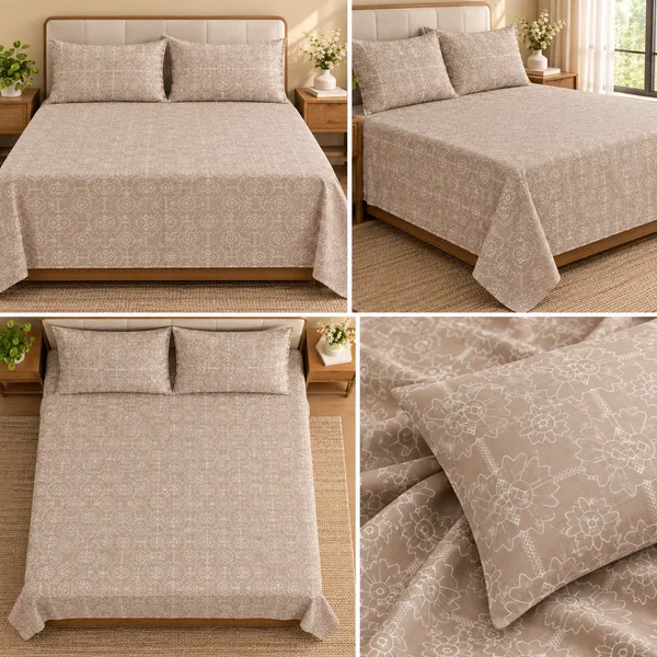 Mocha_Bloom_Glace_Cotton_108"_×_108"_King_Size_Floral_Printed_Bedsheet_Set